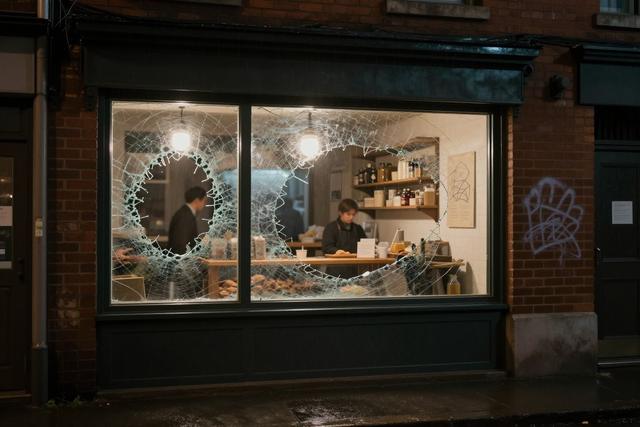 Bakery Front Windows Shattered, Anti‑Tech Graffiti Found